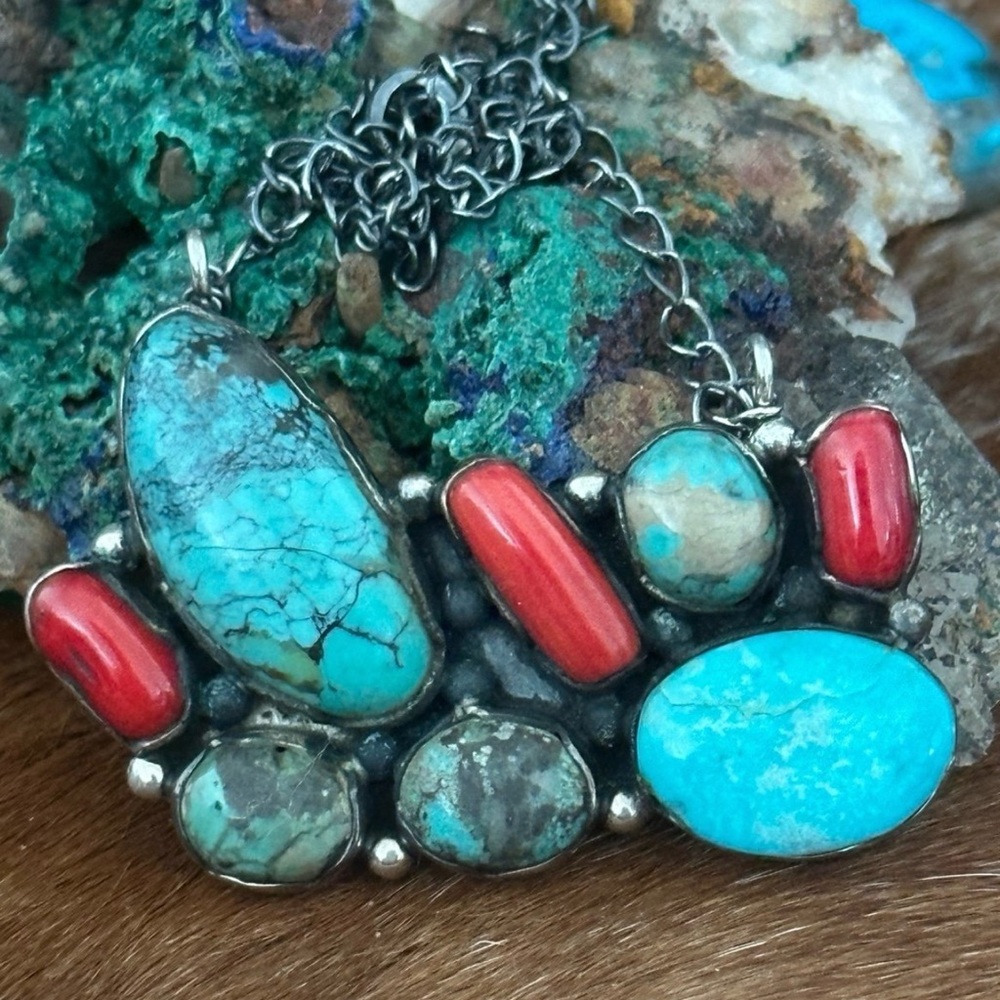 Turquoise coral bar southwestern sterling silver necklace